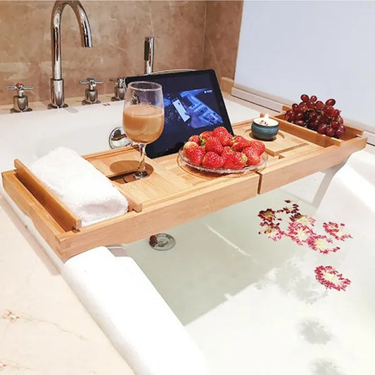 Bamboo Bathtub Caddy Tray Adjustable Bath Tray Holder for Candles Aromatherapy Lamps Towel